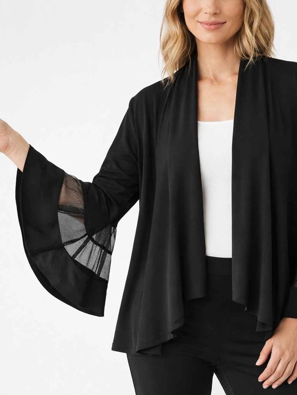 R&M Richards Black Open Front Jacket Sheer Mesh Bell Sleeve XL Stretch Travel